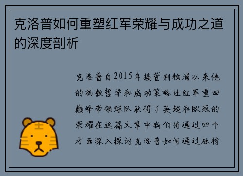 克洛普如何重塑红军荣耀与成功之道的深度剖析